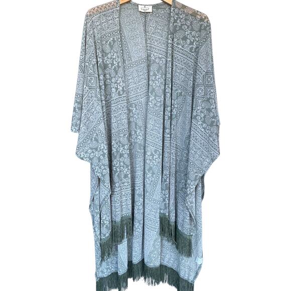 🇺🇸 Ember Cardigan Women's Size XL Open Kaftan Sage Green Print Fringe Kimono - Picture 1 of 6